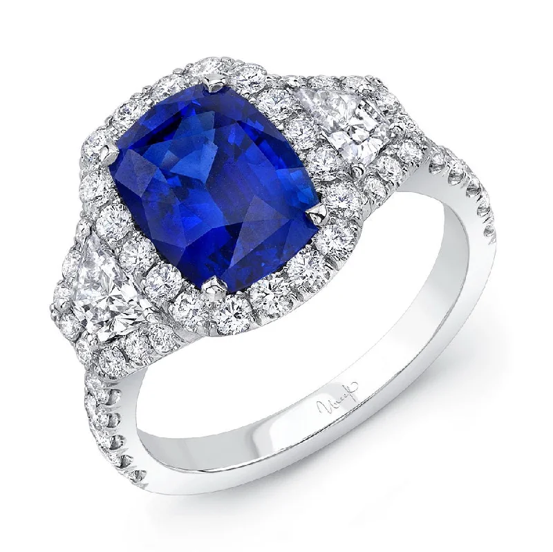 Ladies engagement rings personalized-Uneek Elongated Cushion-Cut Sapphire Three-Stone Engagement Ring with Trapezoid-Cut Diamond Sidestones