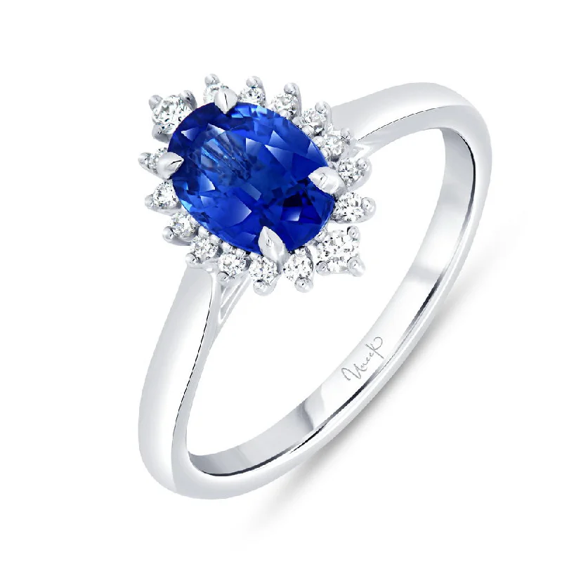 Ladies engagement rings engraved details-Uneek Precious Collection Halo Oval Shaped Blue Sapphire Engagement Ring