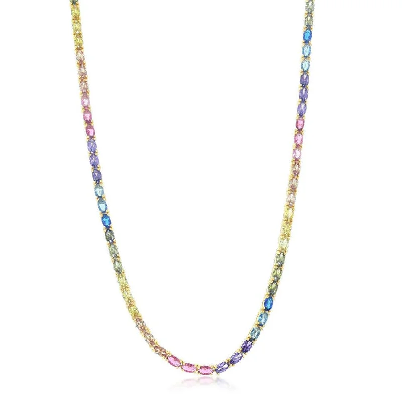 Ladies necklaces vintage charm-Sterling Silver Gold Plated Oval Rainbow CZ Necklace