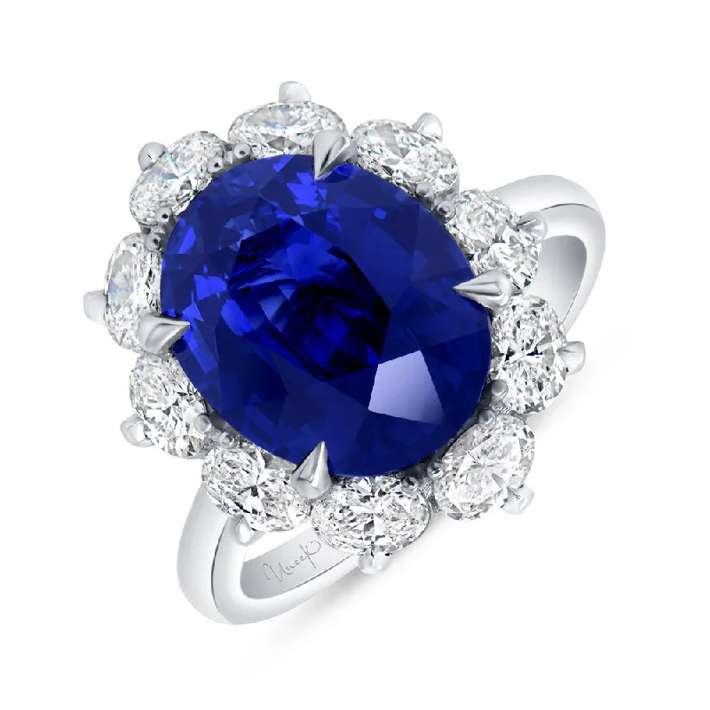 Ladies engagement rings unique styles-Uneek Precious Collection Halo Oval Shaped Blue Sapphire Engagement Ring