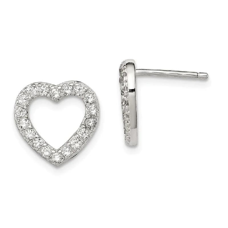 Ladies earrings engraved details-12mm Cubic Zirconia Heart Post Earrings in Sterling Silver