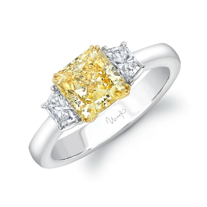 Ladies engagement rings heirloom pieces-Uneek Natureal Collection Three-Stone Cushion Cut Yellow Diamond Engagement Ring