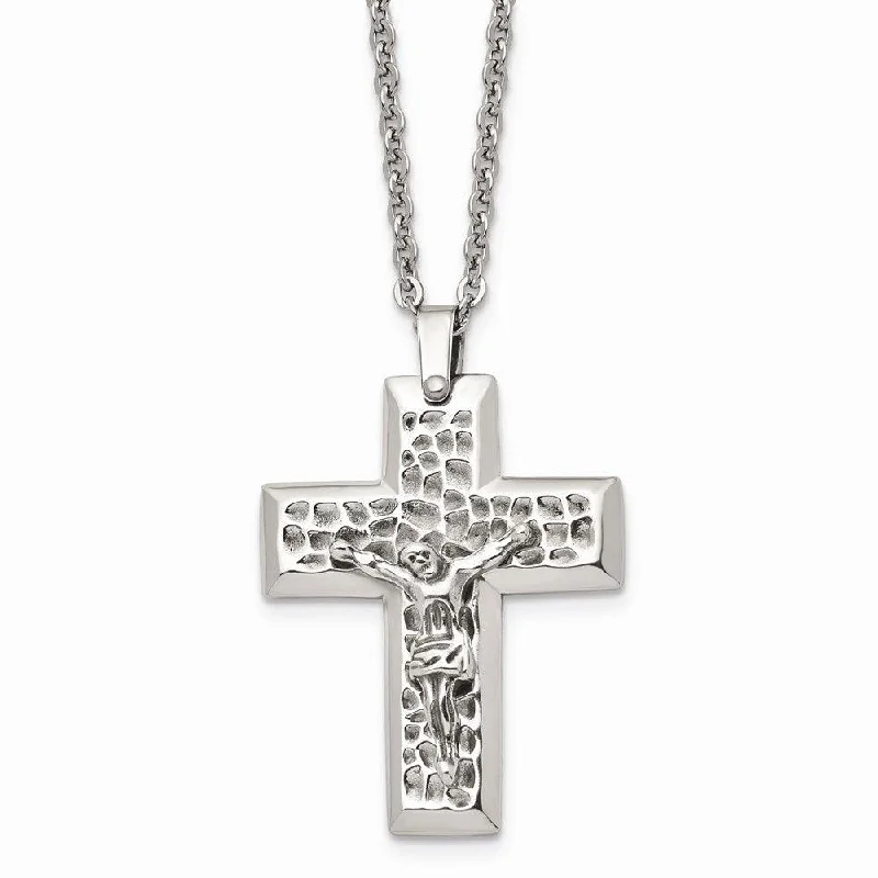 Ladies necklaces handmade crafts-Stainless Steel Polished & Textured Crucifix 20in Necklace