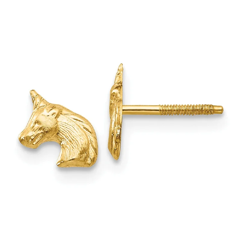 Ladies earrings global brands-Kids Unicorn Screw Back Post Earrings in 14k Yellow Gold