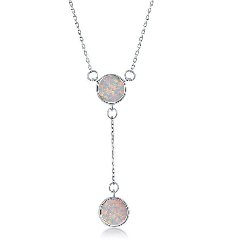 Ladies necklaces gold designs-Sterling Silver White Inlay Opal Double Disc Lariat Necklace