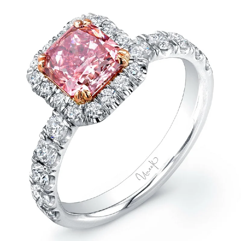 Ladies engagement rings bold designs-Uneek Radiant-Cut Pink Diamond Halo Engagement Ring