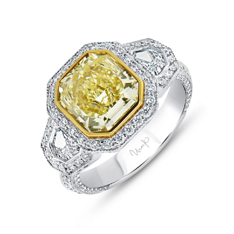 Ladies engagement rings vintage charm-Uneek Natureal Collection 3-Stone-Halo Radiant Yellow Diamond Engagement Ring