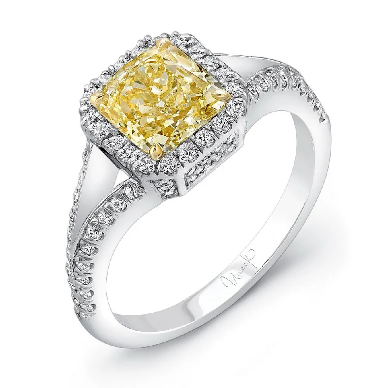 Ladies engagement rings European designs-Uneek Cushion-Cut Fancy Yellow Diamond Engagement Ring with Milgrain-Trimmed Diamonds-All-Around Halo and Split Upper Shank