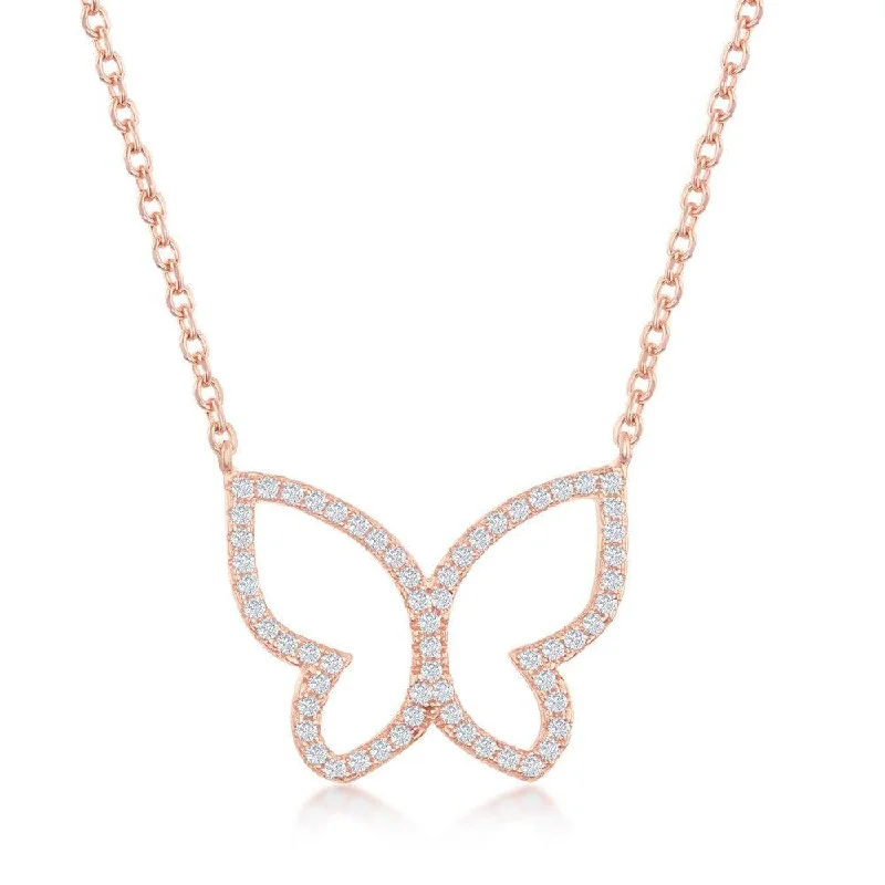 Ladies necklaces bridal jewelry-Sterling Silver Rose Gold Plated Open Butterfly CZ Necklace