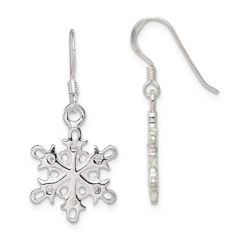 Ladies earrings proposal surprises-Sterling Silver Polished and Satin CZ Snowflake Dangle Earrings