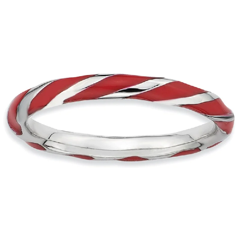 Ladies ring minimalist charm-2.4mm Silver Twisted Red Enameled Stackable Band