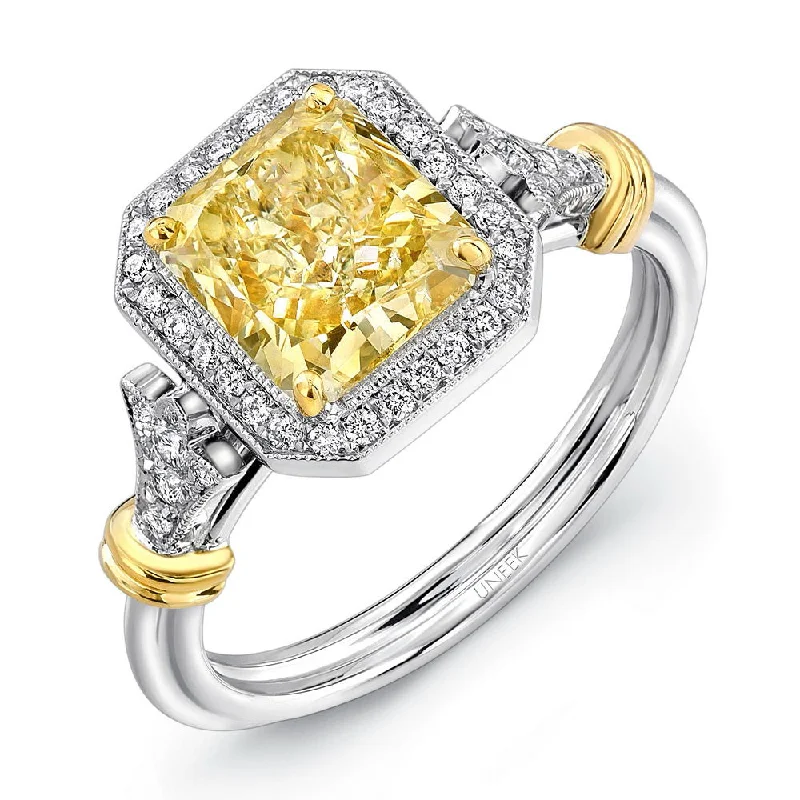 Ladies engagement rings floral motifs-Uneek Radiant-Cut Fancy Yellow Diamond Halo Engagement Ring with Vintage-Inspired Accents