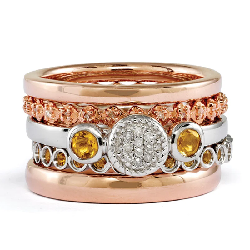 Ladies ring mature appeal-14K Rose Gold Plated Silver, Citrine & Diamond Stackable Ring Set