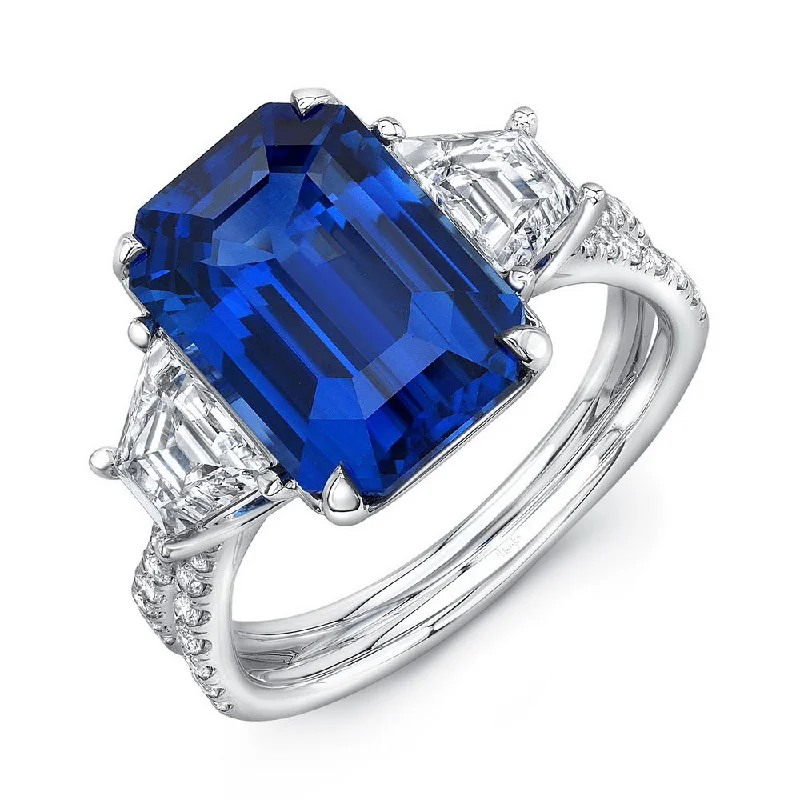 Ladies engagement rings titanium options-Uneek Sapphire-and-Diamond Three-Stone Engagement Ring with Emerald-Cut Blue Sapphire Center and Pave Silhouette Double Shank