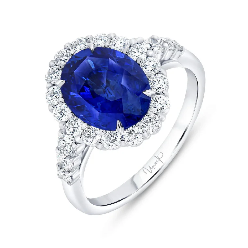 Ladies engagement rings colored stones-Uneek Precious Collection Halo Oval Shaped Blue Sapphire Engagement Ring