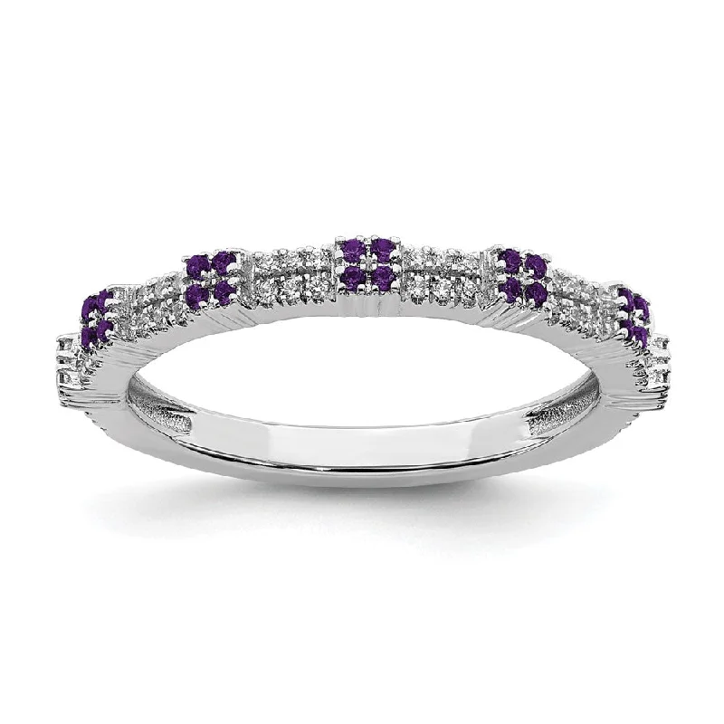 Ladies ring fashion ideas-2.5mm Rhodium Sterling Silver, Amethyst & Diamond Stackable Band