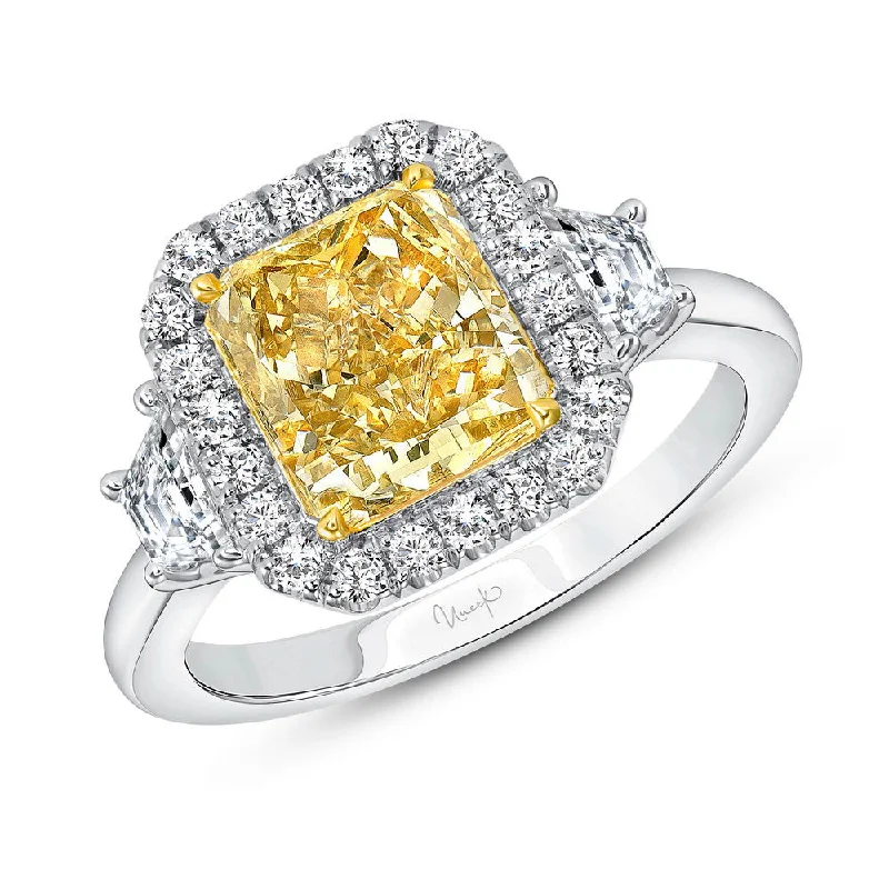 Ladies engagement rings matching sets-Uneek Natureal Collection 3-Stone-Halo Radiant Yellow Diamond Engagement Ring