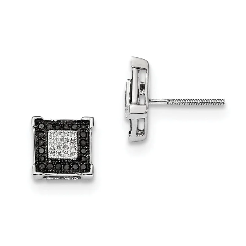 Ladies earrings care tips-8mm Square Black & White Diamond Sterling Silver Screw Back Earrings