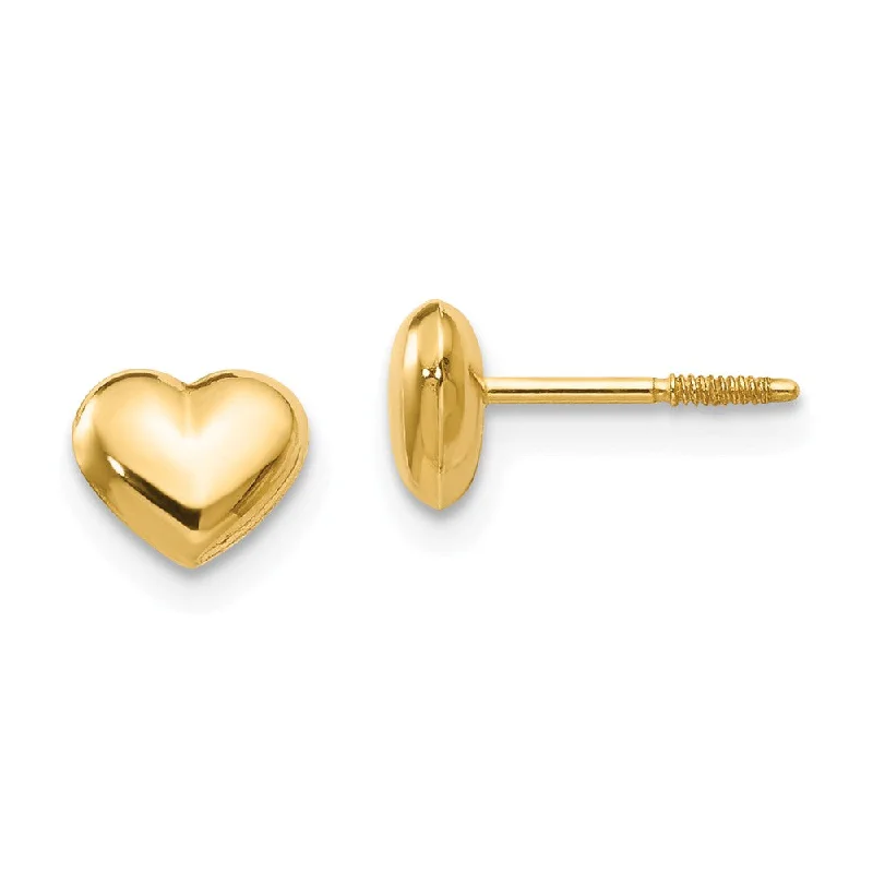 Ladies earrings gold styles-Kids 14k Yellow Gold Small 6mm Puffed Heart Screw Back Post Earrings