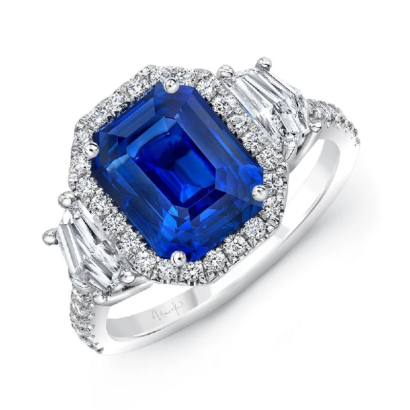 Ladies engagement rings heart-shaped-Uneek Precious Collection Halo Emerald Cut Blue Sapphire Engagement Ring