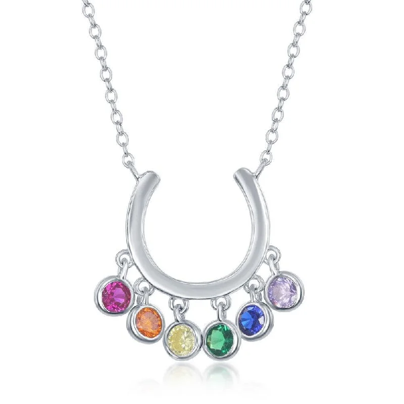 Ladies necklaces European styles-Sterling Silver Dangling Rainbow CZ Horseshoe Necklace