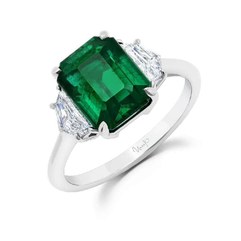 Ladies engagement rings silver tones-Uneek Precious Collection Three-Stone Emerald Cut Emerald Engagement Ring