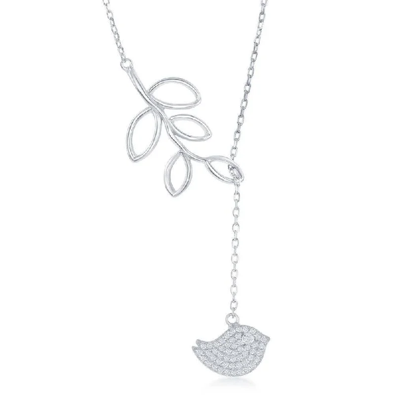 Ladies necklaces gothic appeal-Sterling Silver Leaf with Hanging CZ Bird Lariat 'Y' Necklace