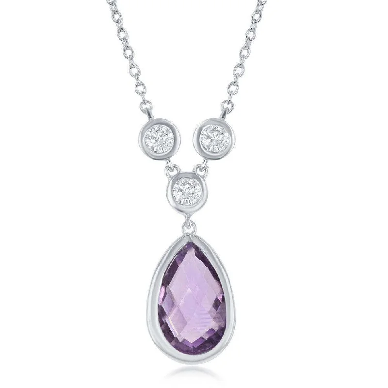 Ladies necklaces ethnic patterns-Sterling Silver Amethyst Teardrop with Three White Topaz Necklace