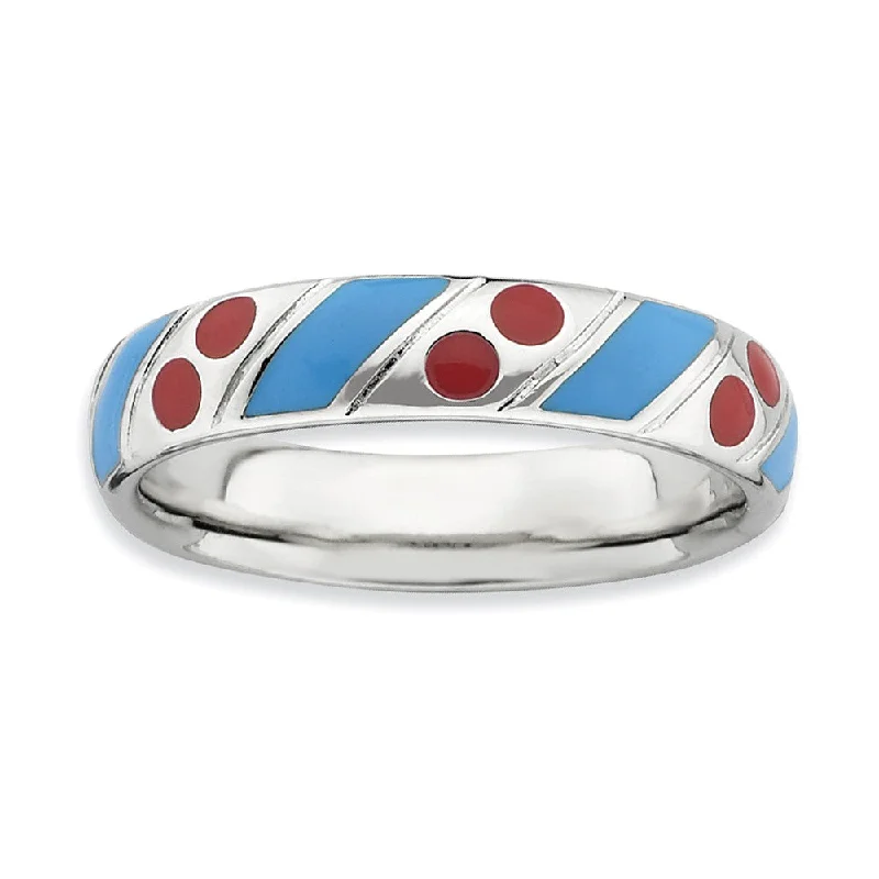 Ladies ring Mother’s Day-4.5mm Silver Stackable Blue and Red Enameled Band