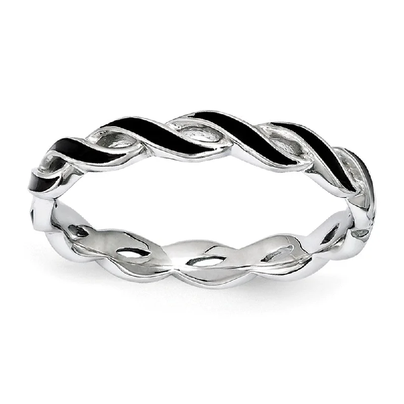 Ladies ring 2025 trends-2mm Sterling Silver Stackable Expressions Black Enamel Swirl Band