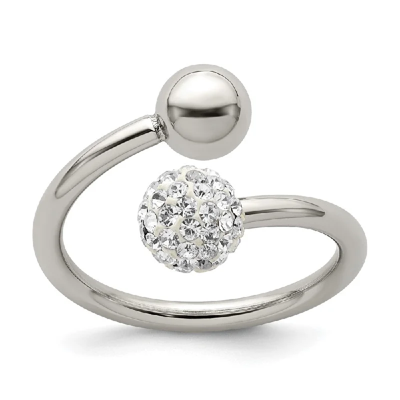 Ladies ring emotional symbols-Polished Stainless Steel & Crystal Ball Bypass Ring