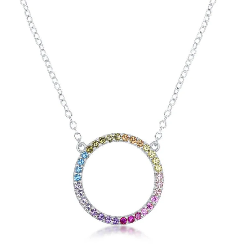 Ladies necklaces sterling silver-Sterling Silver Rainbow Cubic Zirconia Circle of Life Necklace