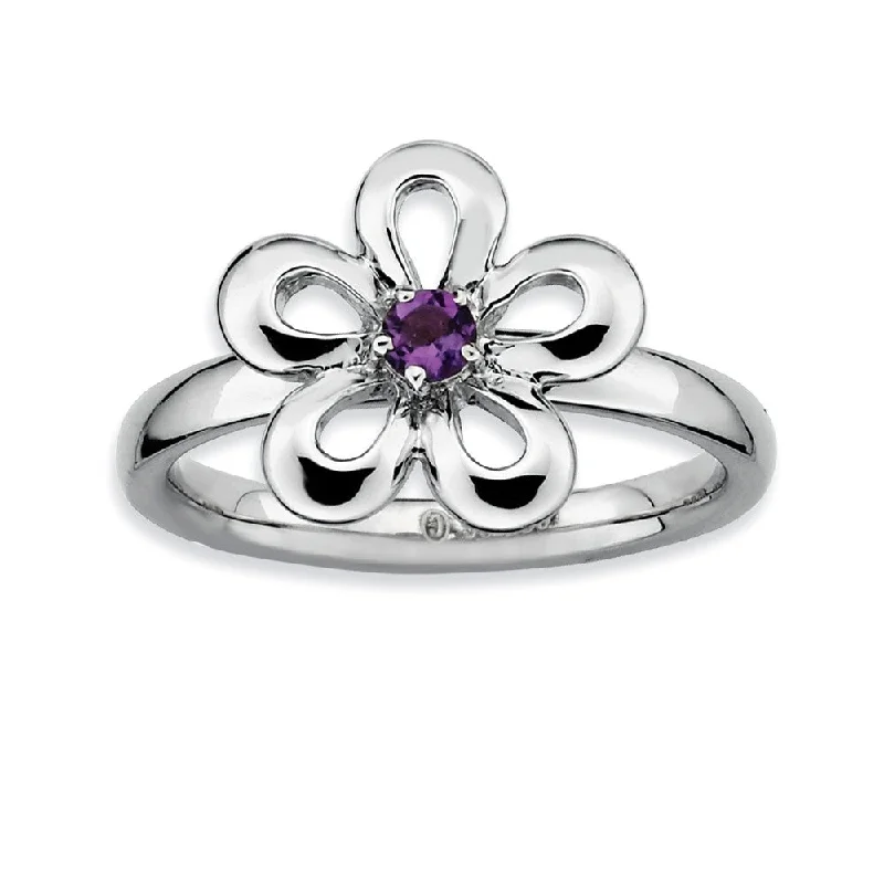 Ladies ring collectible items-Sterling Silver & Amethyst Stackable 12mm Open Petal Flower Ring