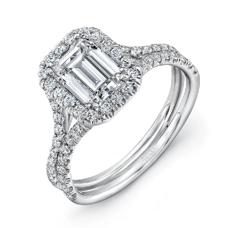 Ladies engagement rings luxury brands-Uneek Emerald Cut Diamond Halo Engagement Ring with Pave Silhouette Double Shank