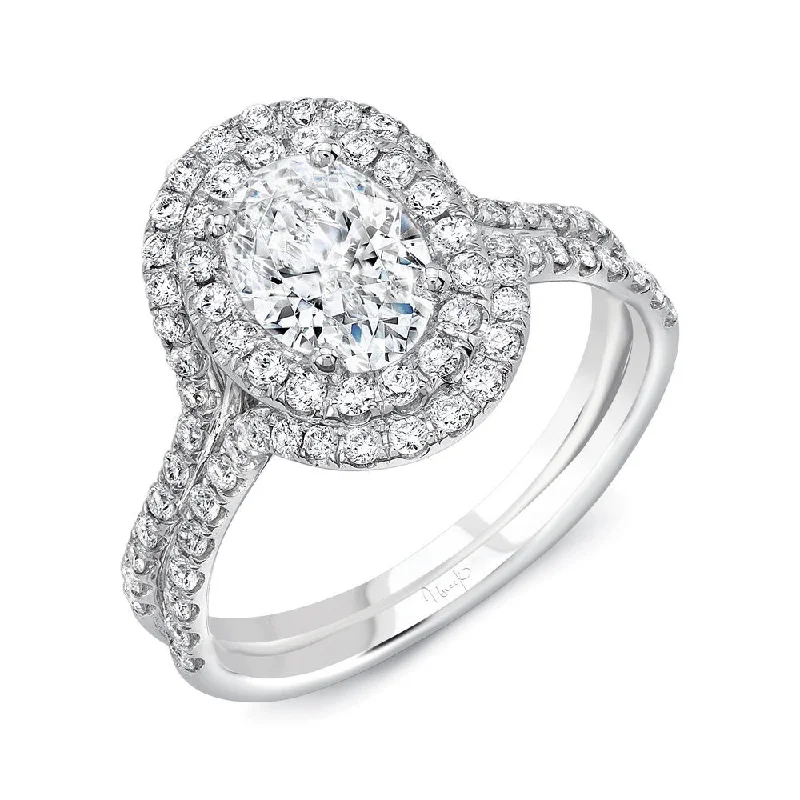 Ladies engagement rings pave settings-Uneek Oval Diamond Engagement Ring with Staggered Double Halo and Pave Double Shank