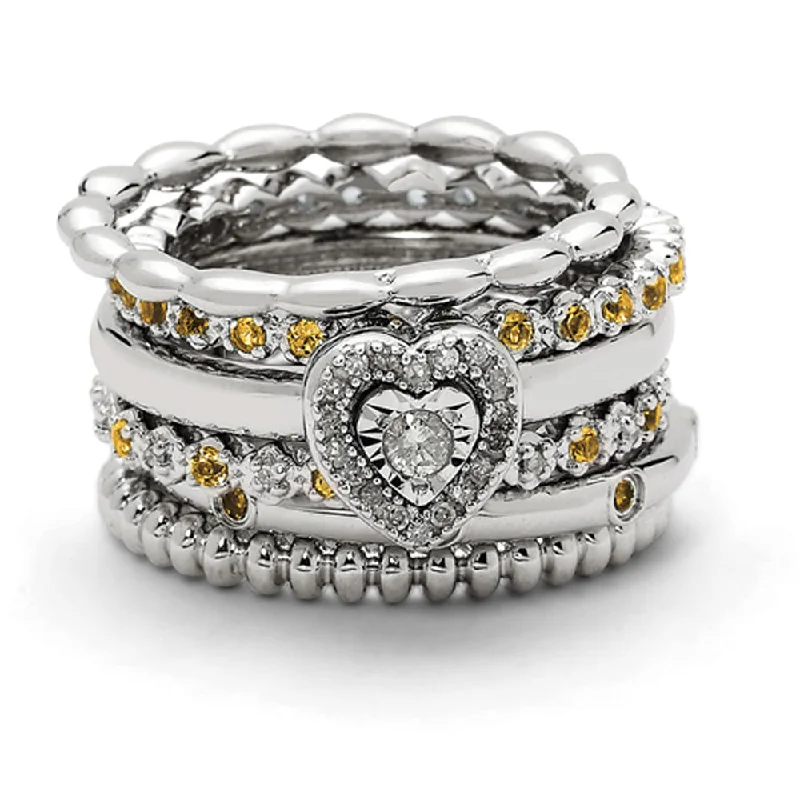 Ladies ring cute looks-Sterling Silver, Diamond  & Citrine Stackable Heart Ring Set