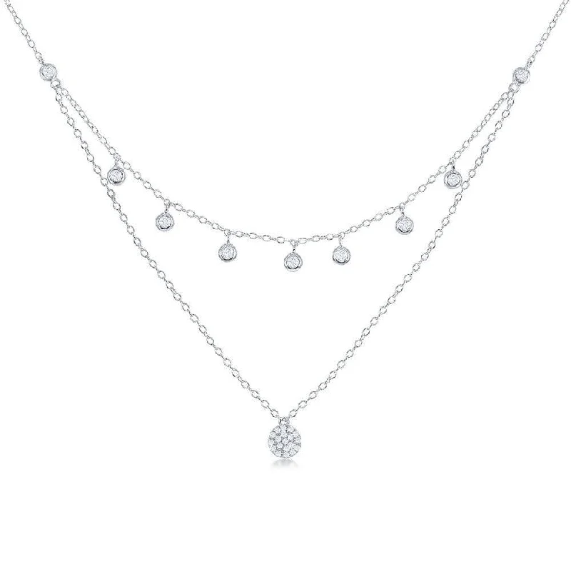 Ladies necklaces fashion trends-Sterling Silver Double Strand CZ with Micro Pave Disc Necklace