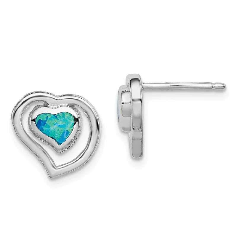 Ladies earrings fashion picks-10mm Created Blue Opal Double Heart Post Earrings in Sterling Silver