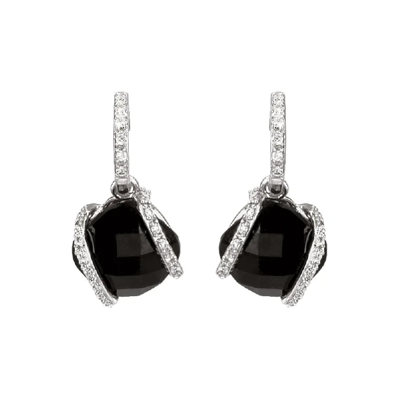 Ladies earrings sentimental value-Cushion Lozenge Onyx & Diamond Dangle Earrings in 14k White Gold