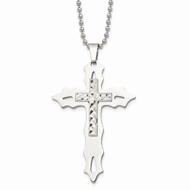 Ladies necklaces price range-Stainless Steel & Sterling Silver Diamond Cut and Polished Cross Necklace