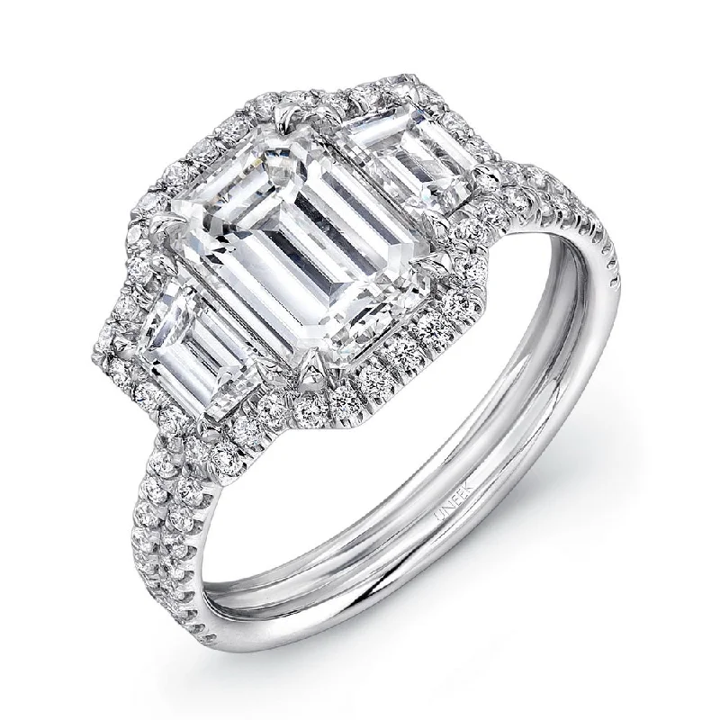 Ladies engagement rings lab-grown diamonds-Uneek Emerald-Cut Diamond Three-Stone Engagement Ring with Round Diamond Halo and Pave Double Shank