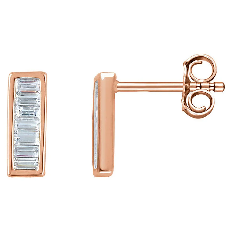 Ladies earrings girlfriend gifts-3 x 9mm 14k Rose Gold 1/3 CTW (H-I, I1) Diamond Baguette Bar Earrings