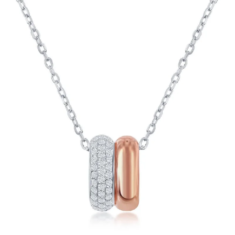 Ladies necklaces layered looks-Sterling Silver Two Tone Rose GP Micro Pave Double Oval Necklace