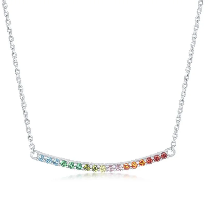 Ladies necklaces classic styles-Sterling Silver Rainbow Cubic Zirconia Curved Bar Necklace