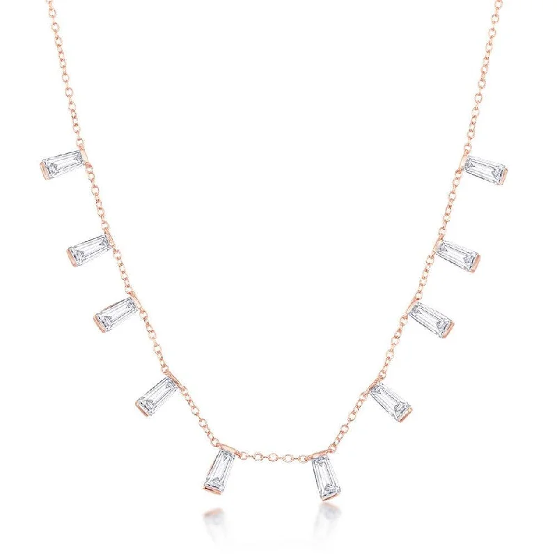 Ladies necklaces titanium options-Sterling Silver Rose Gold Plated Dangling Baguettes Necklace