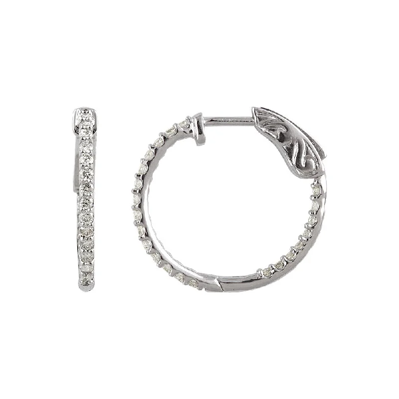 Ladies earrings sale events-14k White Gold 19mm Inside Outside Diamond Hinged Round Hoop Earrings