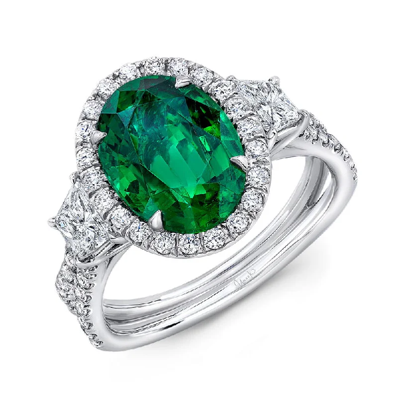 Ladies engagement rings holiday proposals-Uneek Precious Collection Halo Oval Shaped Emerald Engagement Ring