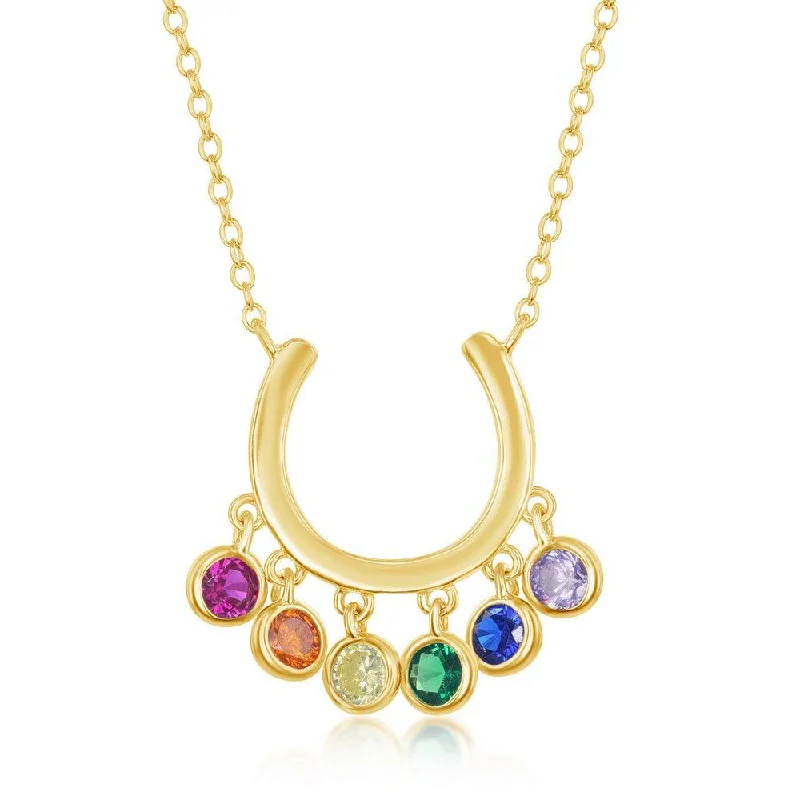 Ladies necklaces jade pendants-Sterling Silver GP Dangling Rainbow CZ Horseshoe Necklace