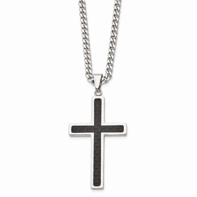 Ladies necklaces proposal gifts-Stainless Steel Polished w/Black Carbon Fiber Cross 24in Necklace