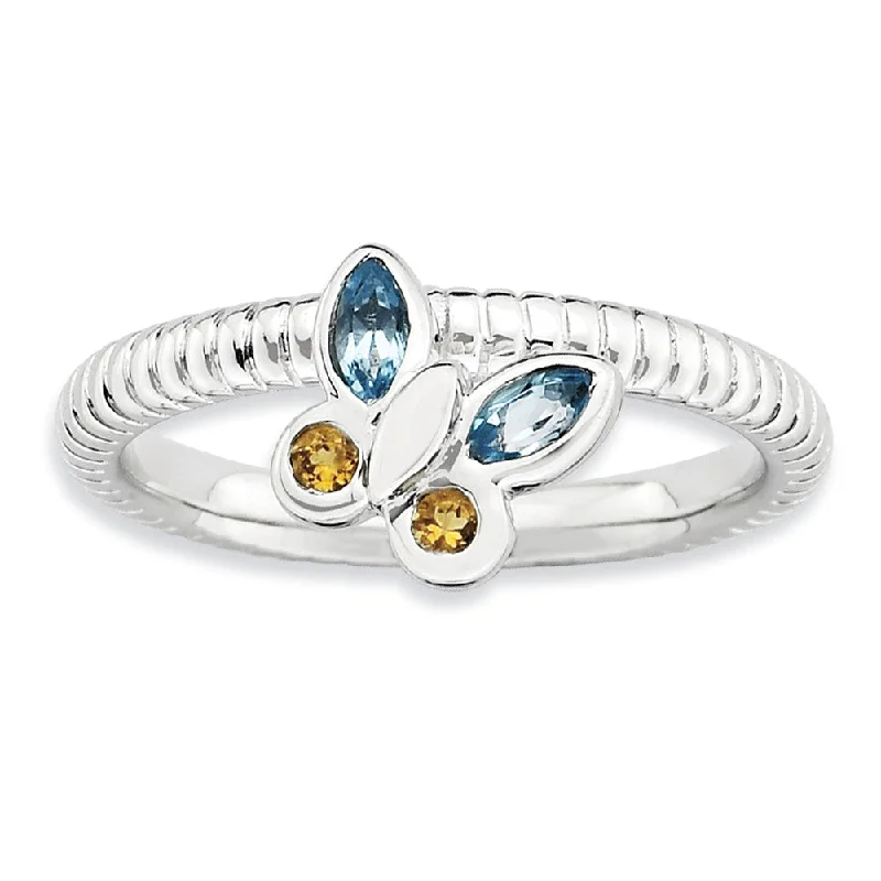 Ladies ring social media trends-Silver Stackable Citrine and Topaz Gemstone Butterfly Ring